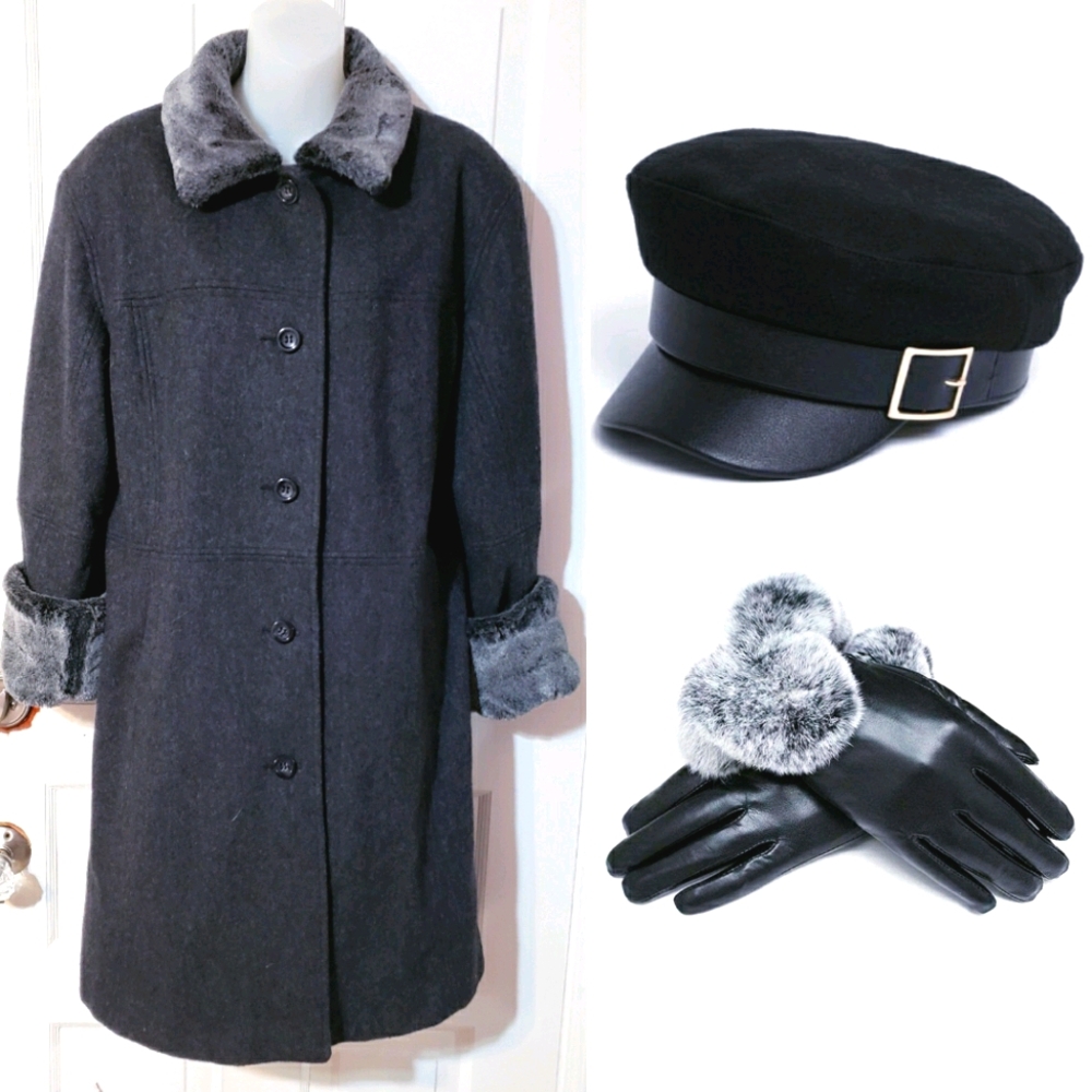 Vintage Black Wool Pea Coat with Faux Fur Trim